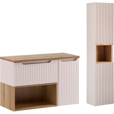 Ensemble meuble sous-vasque 90cm et colonne Riva Cachemire et Bois (1/5)