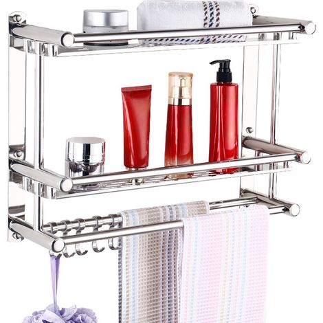 Organizador de ducha de acero inoxidable con 2 estantes, toallero y 5 ganchos, no requiere perforación, para baño. (1/5)