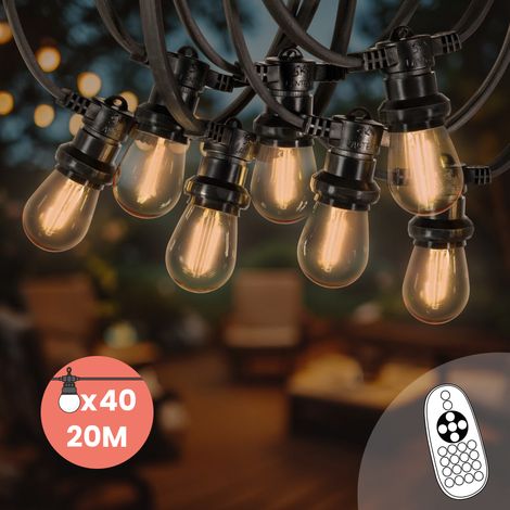 Guirlande Guinguette 20M 40 Bulbes Filament Ambré avec Variateur de Luminosité et Télécommande - Guirlande Lumineuse Ampoule E27 Transparente à Intensité Variable - Guirlande Guinguette Led (1/5)