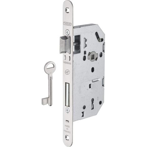 THIRARD - Monomax Recessed Bedroom Door Lock - 50mm Axle - Deep Steel Chest - 2 Turn Mechanism - Stainless Steel Round Ends - 1 Key - Flat Zinc Plated Steel Strike - Grey (1/2)