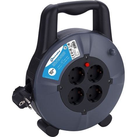 Electraline 49079 - Avvolgicavo H05VV-F 3G1,5 10 m IP20 per interno/interno con 4 prese Schuko/cavo con cavo di prolunga/avvolgitubo con manovella, colore: Nero