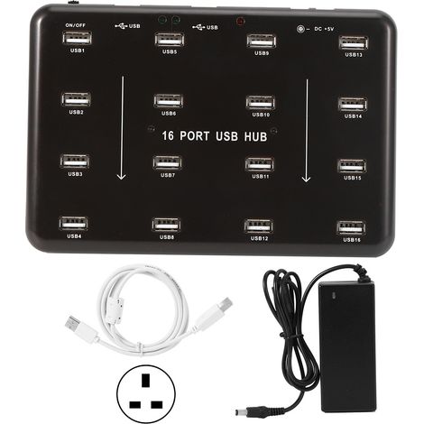 Hub USB 2.0 à 16 ports pour industrie, répartiteur ultra-rapide + adaptateur secteur 5V 3A (100-240V) avec prise UK (1/5)
