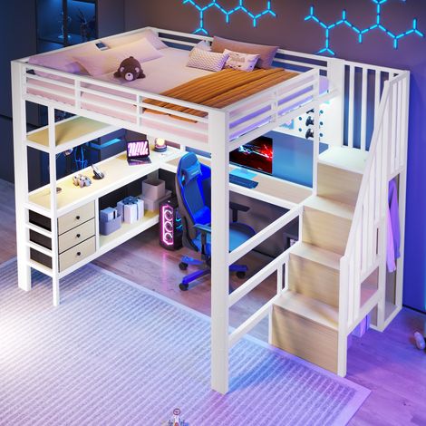 Lit mezzanine,140 x 200 cm,lit en métal,espace de rangement,tiroir,mur perforé,table,douille,lumière LED,sans matelas,blanc (1/5)