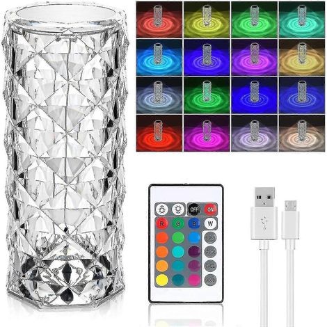Lampe de table en cristal diamant, 16 couleurs, rechargeable par USB, tactile, lampe de chevet avec télécommande, rose en acrylique (1/5)
