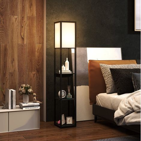 Lampada da terra con ripiani USB e presa nera OKMYHOME (1/4)