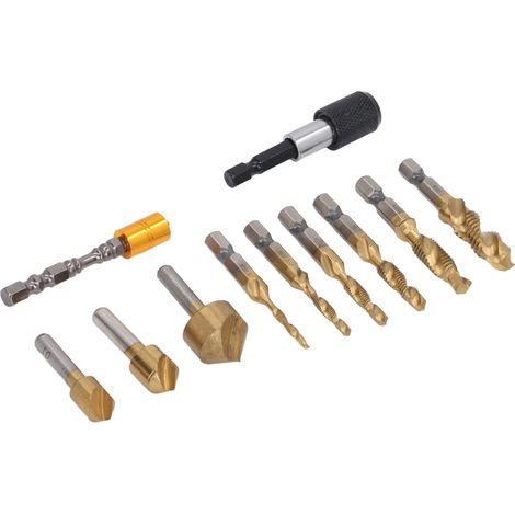 Ensemble de 11 outils de perçage et de chanfreinage pour le travail du bois : forets étagés revêtus de titane, rallonge à dégagement rapide et taraud. (1/5)