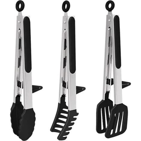 BBQ tongs, spaghetti tongs, kitchen tongs, Set of 3 heat-resistant stainless steel food tongs with silicone tips for steak, salad, barbecue buffet (1/5)