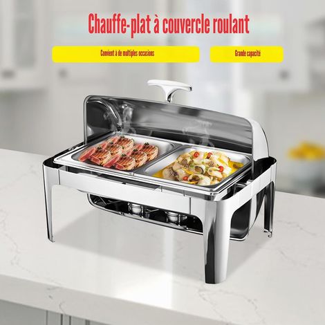 Chafing Dish Buffet 9l, Buffet Chauffant Chauffe Plat en Acier INOX Alimentaire avec Cadre Pliable, Ensemble Buffet Fondue, 2 RéChauds à Alcool, Adapté Aux FêTes Buffets Banquets DîNers (1/5)