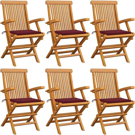 Chaises de jardin coussins rouge bordeaux lot de 6 Teck massif