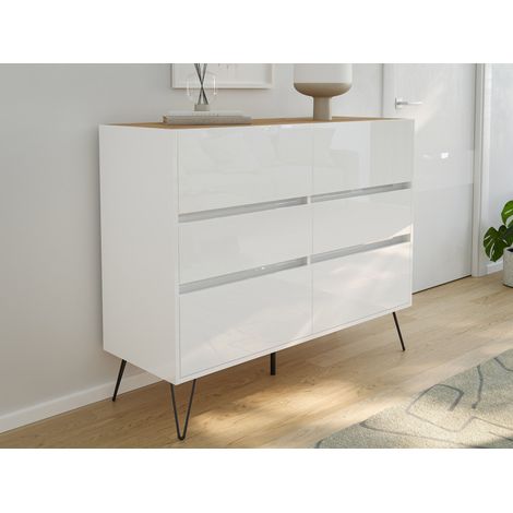 Sideboard Kommode Volo 120cm Greifraum 6 SoftClose Schubladen Weiß/Eiche Top (1/5)