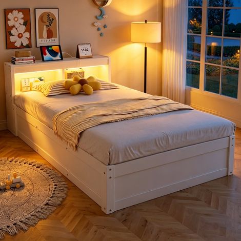Multifunktionsbett 90x200 cm mit Stauraum und LED-Beleuchtung, Einzelbett aus Massivholz mit Steckdose und hydraulischem Bettkasten, Weiß (1/5)