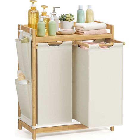 Panier à linge avec 3 compartiments corbeille à linge sale en bambou capacité de 150 litres avec étagère poches latérales 3 x 50 litres 94 x 33 x 78 cm beige