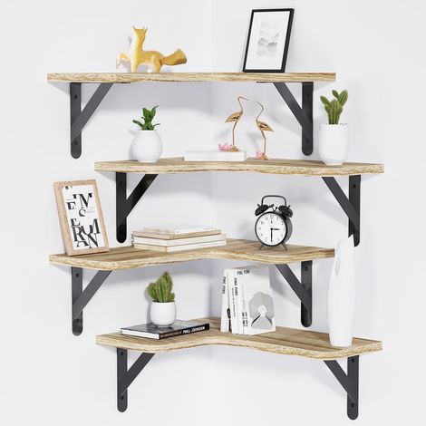 Lot de 4 étagères d'angle flottantes en bois en forme de L pour mur, étagères murales rustiques pour le rangement pour salon, bureau, cuisine, chambre, salle de bain et décoration d'intérieur (1/5)