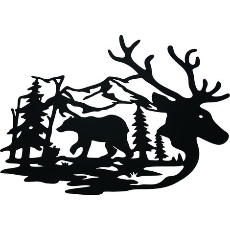 1 pièce en métal - Ours et cerf - Décoration murale - Plaque décorative pour la maison et l'extérieur - Cour, clôture, abri de jardin - Noir (1/5)
