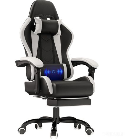 Chaise Gaming avec Coussin de Massage, Fauteuil Ergonomique avec Coussin Lombaire Massant, Chaise Bureau avec Dossier Réglable de 90 à 150° et Repose-Pieds, 150 kg, Blanc (1/5)