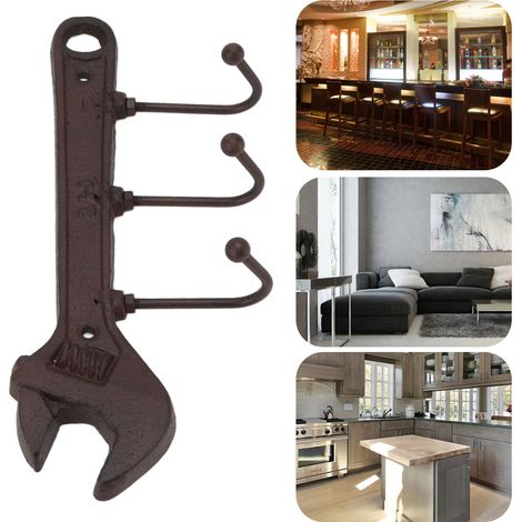 Perchero decorativo de estilo industrial para bares y recibidores. Gancho para colgar abrigos con un innovador sistema de montaje. Fabricado en hierro forjado. Con forma de llave. 24 x 10,5 x 4,5 cm. (1/5)
