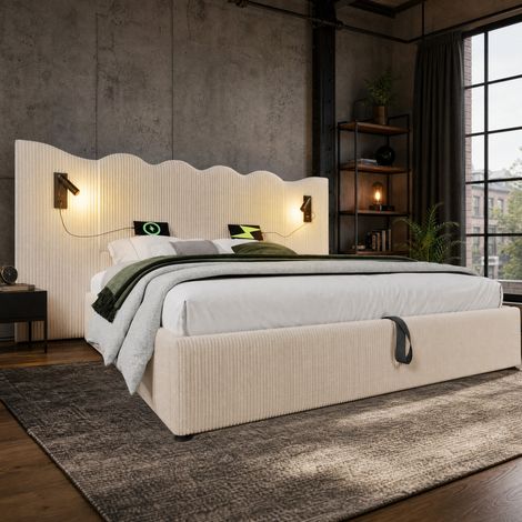 CHICFURN Cama 180x200 cm beige de tela acanalada con arcón, lámpara y USB, sin colchón (1/5)