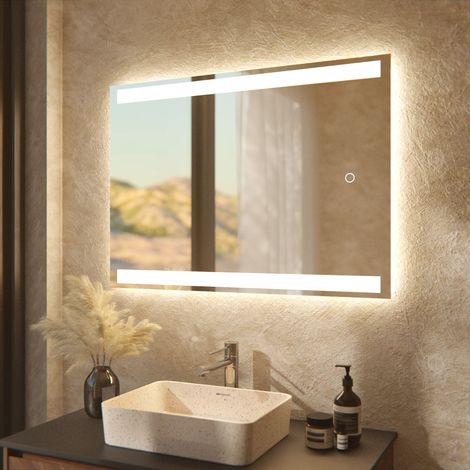 Rechteckiger, rahmenloser LED-Badezimmerspiegel 90 x 65 cm – 3 dimmbare Lichtmodi – Antibeschlagfunktion – IP44 wasserdicht und Touch-Bedienung – rostbeständig (1/5)