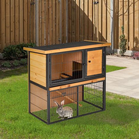 PawHut Clapier à lapin cage à lapin 2 niveaux 3 portes verrouillables rampe toit ouvrant bitûmé métal époxy pin pré-huilé