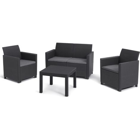 Keter – Ensemble lounge 2 places graphite – 1 canapé, 2 fauteuils, table basse 58,5x58,5cm – Finition rotin plat – Résistant aux intempéries (1/4)