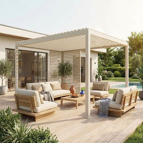 Pergola bioclimatique aluminium 4x3m beige + 1 persienne 100cm + 1 persienne 130cm Triomphe