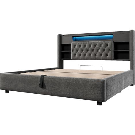 Polsterbett 140x200 cm mit Stauraum, LED, USB und USB-C, Leinenoptik grau MODENUIT (1/5)