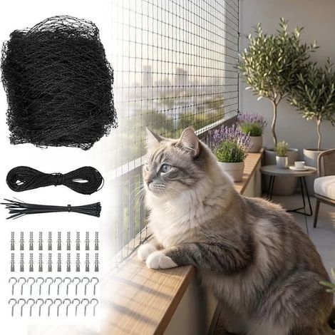 Filet pour chat - 10 m x 3 m - Filet de balcon - Filet de sécurité pour chat - Kit d'installation inclus - Filet spécifique pour chats - Protection antichute pour chats...