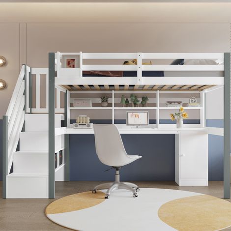 MEUBLIV Halbhohes Bett 90x200 cm Weiß+Grau – mit Schreibtisch und Stauraum, ohne Matratze (1/5)