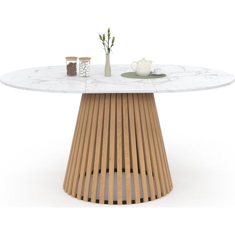 Tavolo da pranzo rotondo allungabile CARMEN per 4-8 persone con gambe a doghe in legno e piano in marmo bianco ALASKA 110 - 150