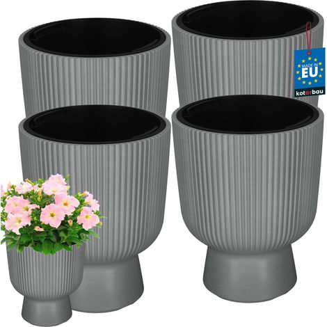 KOTARBAU® Lot de 4 Pot de Fleur - Pot Plastique Plante Ø 23 cm - avec Bac Intérieur - Pot de Jardin - Pot de Fleur Exterieur - H : 30,5 cm - PVC - Gris - Nervuré (1/4)