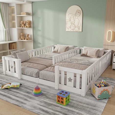 Lit au sol enfant 180x200 cm - Lit Montessori avec barrière de sécurité - lit double 2 places pour bébé ou enfant - Pin massif blanc