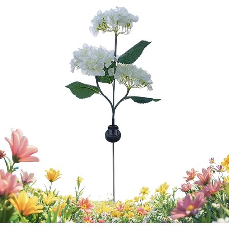 Lampada solare a LED a forma di fiore di ortensia simulato, con attacco a terra e interruttore automatico, ideale per giardino, patio e prato, colore bianco. (1/5)