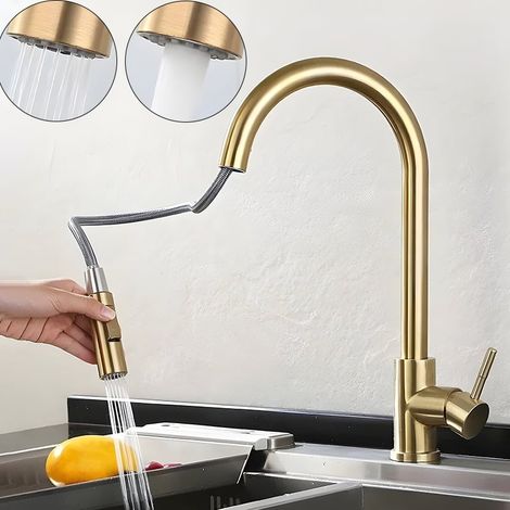 Grifo de cocina dorado con rociador extraíble, grifo mezclador de cocina monomando moderno de acero inoxidable, oro cepillado (1/5)