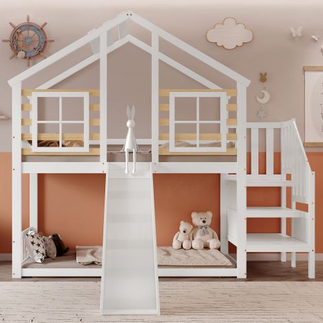 [30813839WAA] Letto a castello, letto in legno con scaletta e sponda, con scivolo e finestra, letto per bambini a forma di baita con protezione anticaduta, struttura letto in legno massello, bianco (9 (1/5)