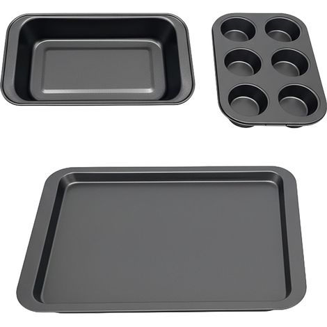 Relaxdays, lot de 3 moules, moule à muffins, moule à cake, plat à rôtir, antiadhésif, acier carbone, 230 °C, gris foncé