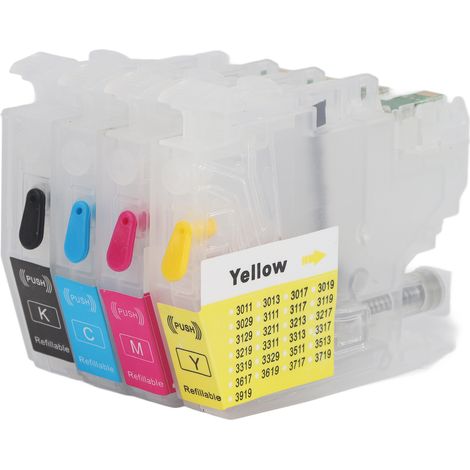 4 Tintenpatronen in Magenta, Blau, Gelb und Schwarz für gleichmäßigen, klaren Druck. Nachfüllpatronen als Ersatz für Drucker LC3213. (1/5)
