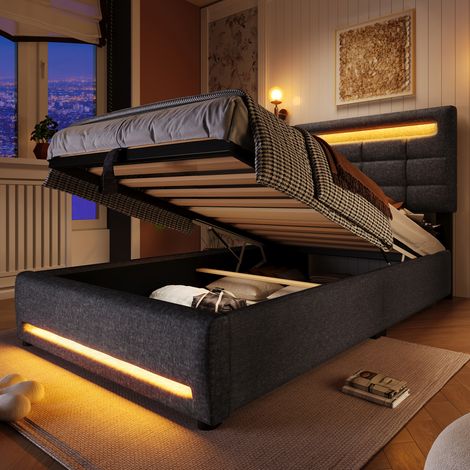 Lit rembourré 90200cm, télécommande via application, avec éclairage LED, rangement hydraulique, sans matelas, avec prise USB, lin, gris (1/5)