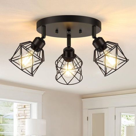Beyamis Plafonnier Baocuz à 3 lumières, orientable à 360°, cage métallique noire, style ferme, éclairage multidirectionnel près du plafond pour salle à manger, chambre ou couloir. (1/5)