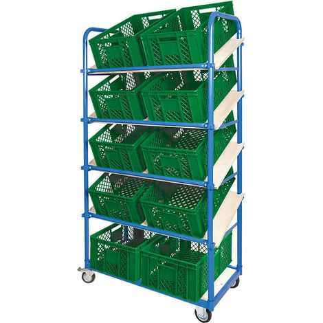 BRB Schrägboden-Regalwagen mit 5 Ebenen, bestückt mit 10 Euroboxen durchbrochen 600x400x240 mm grün