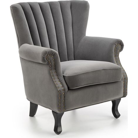Fauteuil en velours gris avec accoudoirs cloutés et pieds en bois massif MEDICIS (1/5)