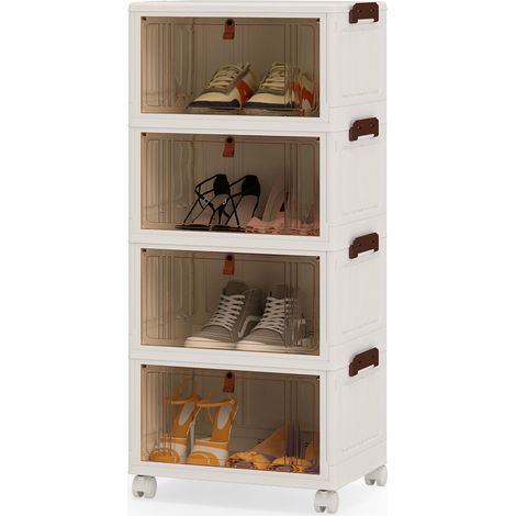 Boîte à Chaussures Pliable à 4 Niveaux, Bac de Rangement Empilable avec Couvercle, Portes & Roues Verrouillables, 39 x 27 x 85 cm (1/5)