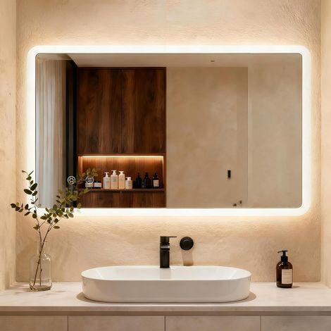 Miroir de Salle de Bain avec éclairage 100 x 60 cm, Miroir LED avec 3 Couleurs de lumière à intensité Variable, Verre trempé et Bord Mat, Interrupteur Tactile, Fonction mémoire, Anti-buée (1/5)