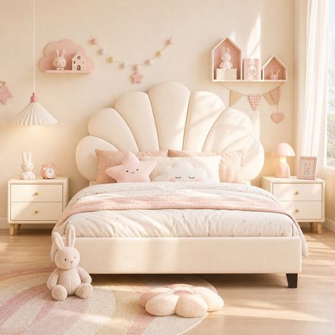 Lit simple 90x200 cm, tête de lit rembourrée fleurie, cadre métallique, sommier à lattes, velours beige, pour enfants et adolescents (1/5)