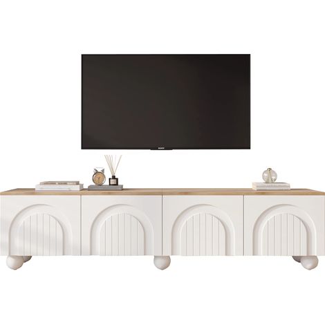 1804045cm TV schrank mit 4 Schränken,TV stand und Fernsehschrank mit 6 Kugelfuß Metallbeine, Lowboard und Fernsehtisch,TV-Board und TV-Kommode Geeignet für Fernseher um 80 Zoll, Holzfarbe+Weiß