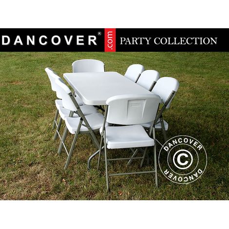 Party-Paket, 1 Klapptisch (180cm) + 8 Klappstühle, Hellgrau/Weiß - Dancover