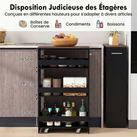 Chariot de rangement roulant 4 niveaux, chariot de cuisine étroit 20 cm avec roues, étagères ouvertes et poignée - noir (1/5)