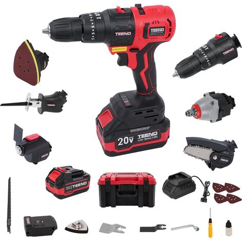 Teeno – Kit combiné sans fil 20V – Outil multifonction 8 en 1 avec étui – 1 batterie 3.0Ah – Perceuse, scie sabre, scie à chaîne, clé à chocs, outil oscillant, ponceuse