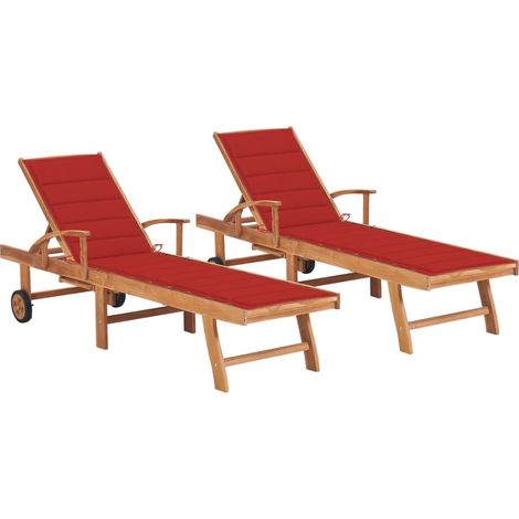 Set di 2 sdraio sdraio prendisole lettino da giardino terrazza mobili da esterno con cuscino rosso legno massello di teak 020012035