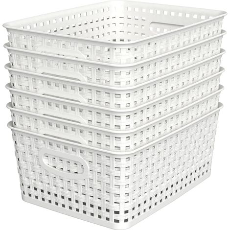 Boîte De Rangement - Polypropylène Tressé Design Rotin - Blanc - 25 x 19 x 10 Cm - Pour Cuisine Salle De Bains Bureau - Lot De 6