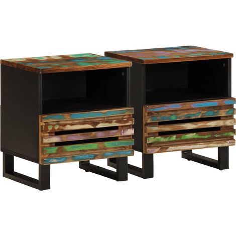 Set 2 comodini con cassetto e vano 40 x 34 x 46 cm legno massello di recupero e acciaio DEC034803